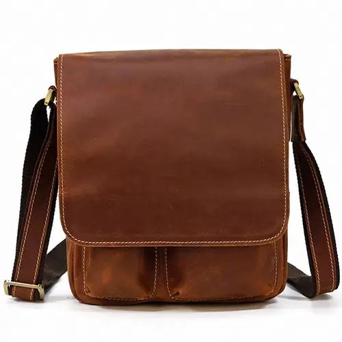  Vintage Leather Crossbody Messenger Bag with Flap and Front Pockets